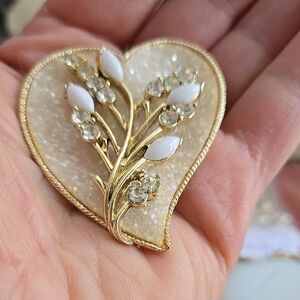 Vintage Coro Elegant Gold and White + Clear Rhinestones Heart Brooch